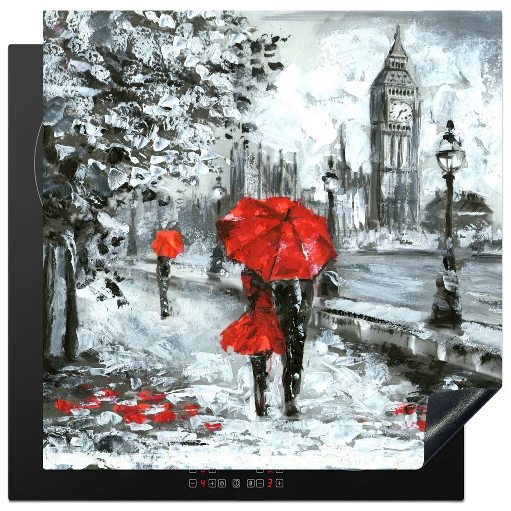 KitchenYeah Herdabdeckplatte Stadt - Rot - London - Schwarz und weiß , 78x78cm, Küche Deko, Glaskeramikkochfeld Herdabdeckung, Abdeckplatte fù...