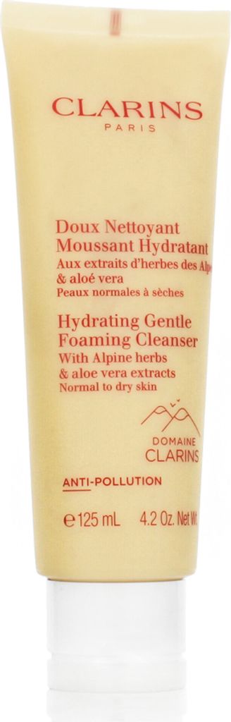 A product shot of a Clarins Hydrating Gentle Foaming Cleanser tube against a white background.