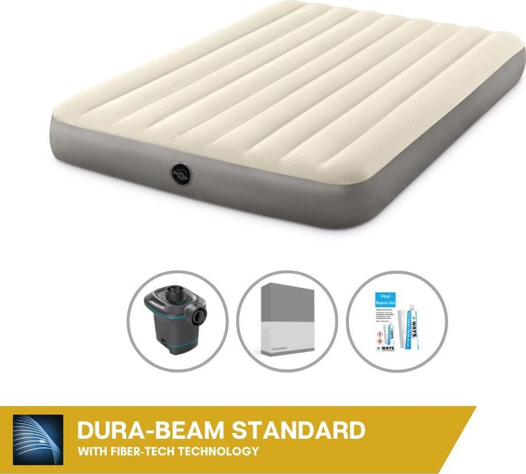 Intex Luftbett - 2 Personen - 152 x 203 x 25 cm - Beige + Intex Elektropumpe - 650 Liter/Min + Spannbettlaken Anthrazit + Reperaturset