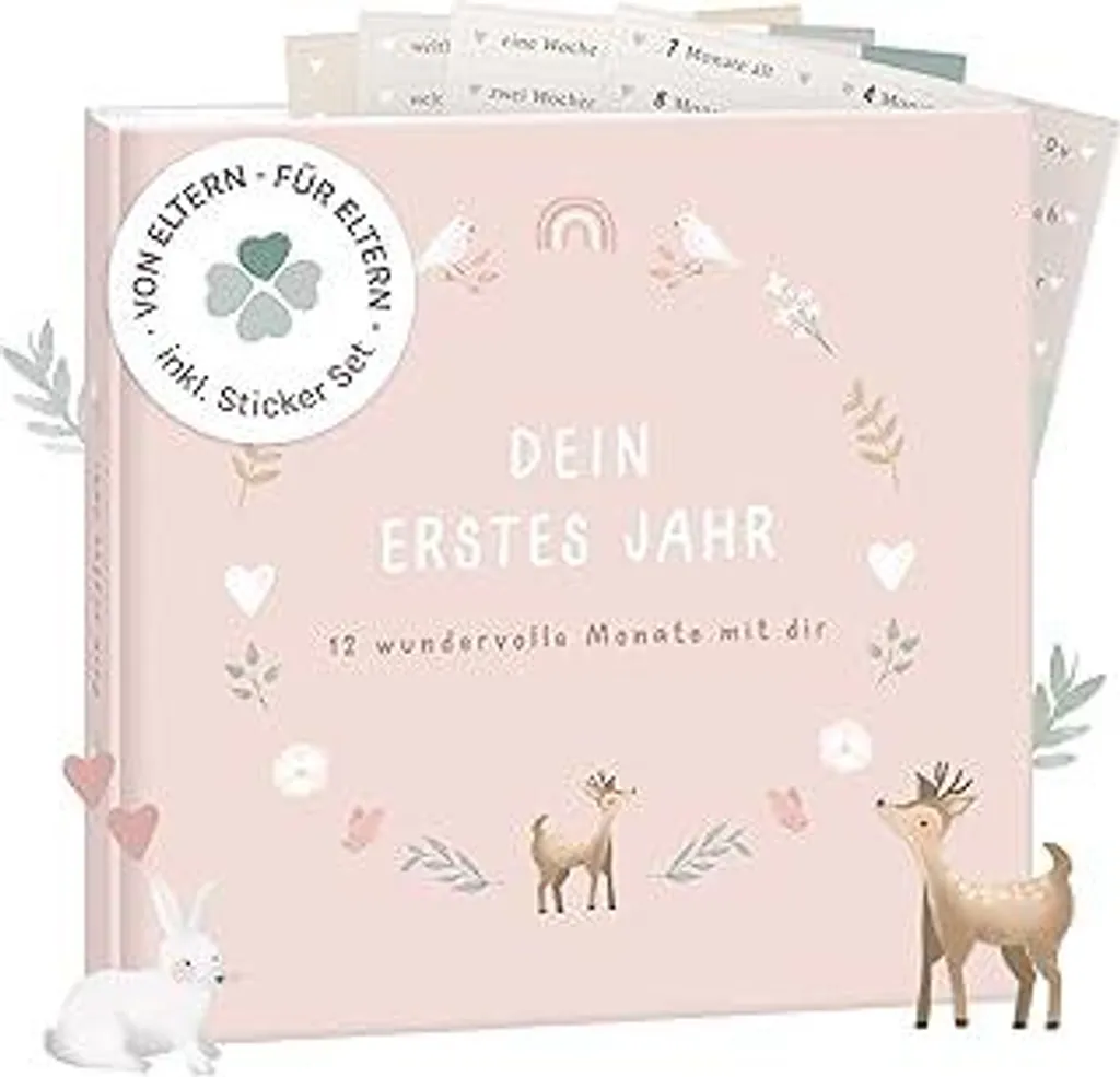 mintkind Il mio primo anno Album per neonati Fiori rosa – delicato diario per neonati con 176 pagine e set di adesivi per conservare con amore i ricordi del primo anno di vita, copertina rigida 21 x 21 cm - 1
