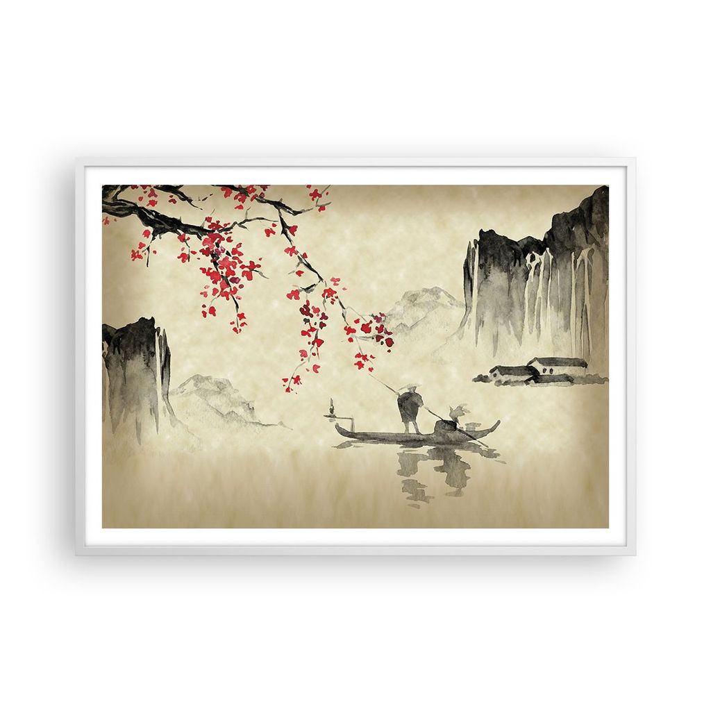 Gerahmtes Poster - Weißer Rahmen - Blume Kirschen Japan - 100x70 cm - Wand Bild - Wanddeko - Wandbilder - Kunstposter - Wandposter - Bilderrahmen ...