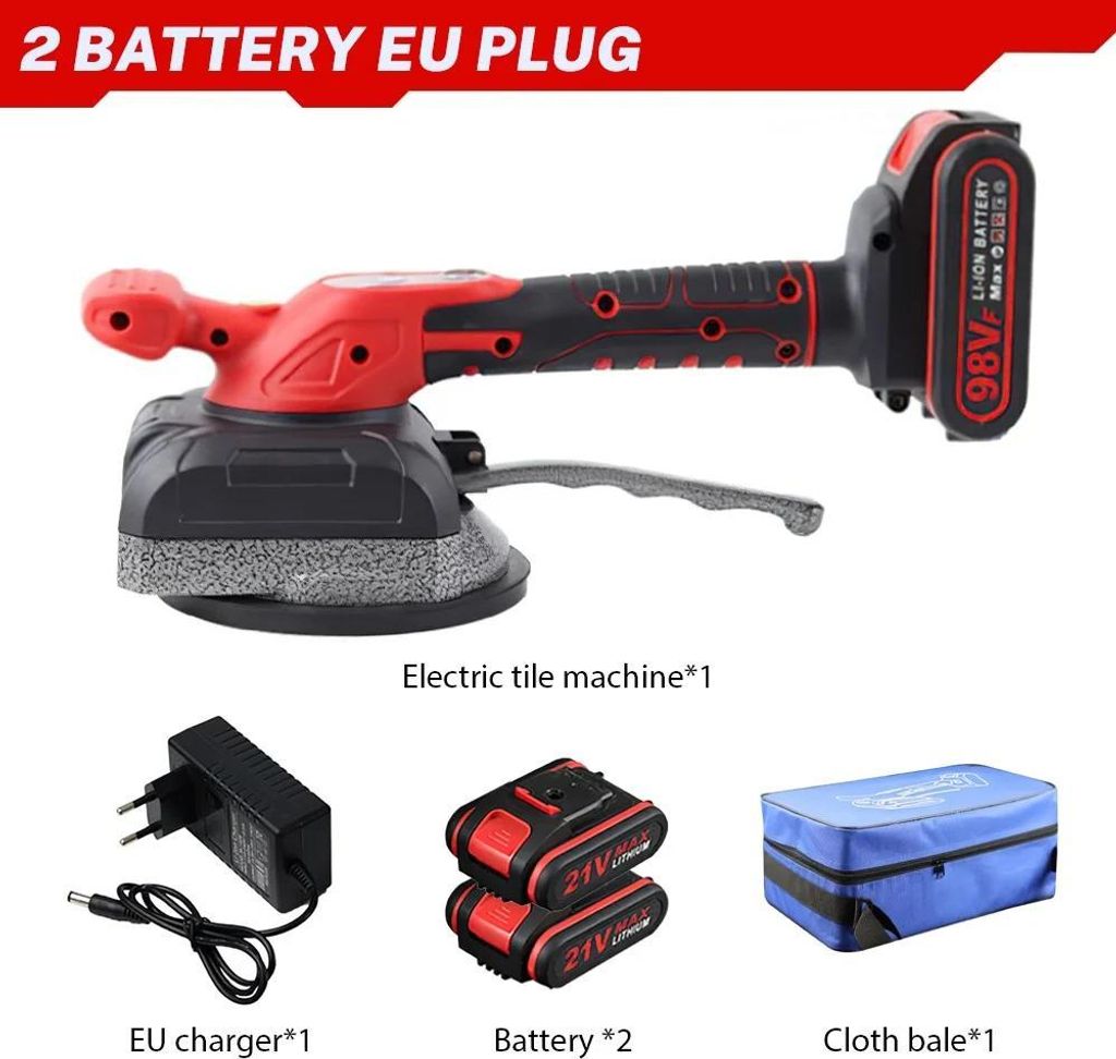 Fliesenvibrator - Kabelloses Fliesenverlegegerät - 5 Stufen - 200 kg Saugkraft - Vergrößerte Saugplatte - Bürstenloser Motor - 2 Akkus - Rot