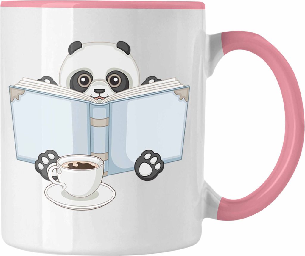 Trendation - Leseratte Tasse Geschenk Lesender Panda Grafik Lesen Geschenkidee Kinder Bücherwurm (Rosa)
