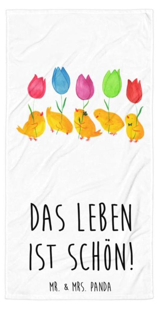 Mr. & Mrs. Panda Strandtuch Küken Parade - Weiß - Geschenk, Ostergrüße, Tulpen, Duschtuch, Ostern, Badehandtuch, Frohe, Badelaken, Handtuch, Bl...