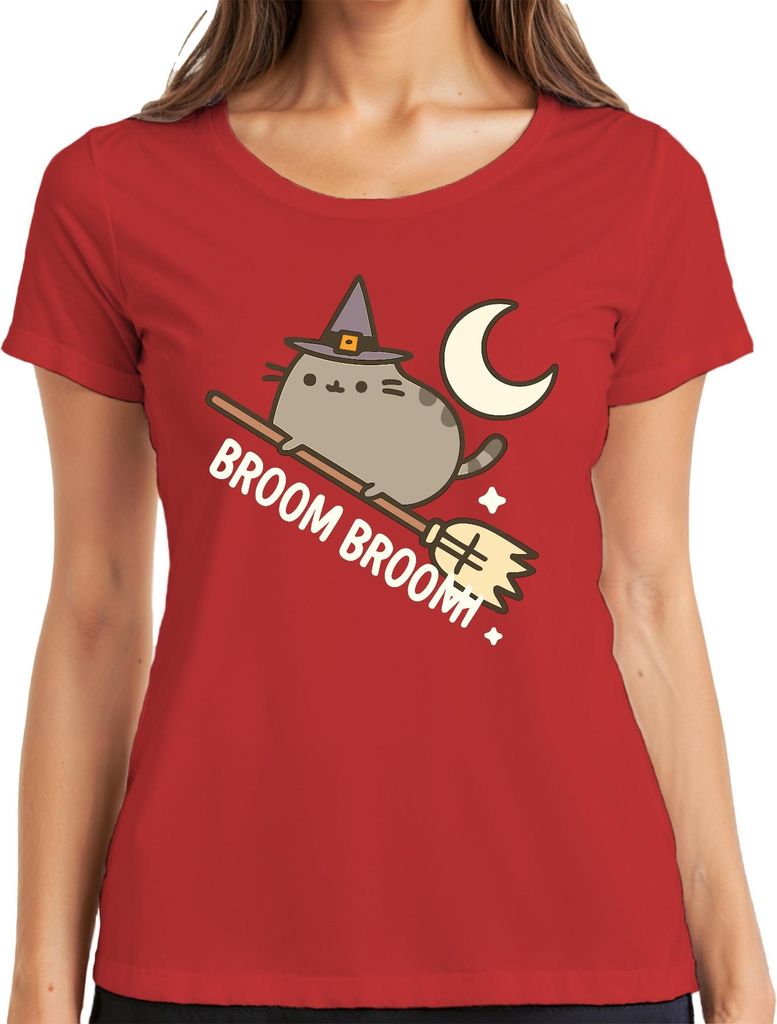 Süße Hexenkatze Niedlich Besen Halloween Mond Cartoon Katze Stern Damen T-Shirt, Rot, M