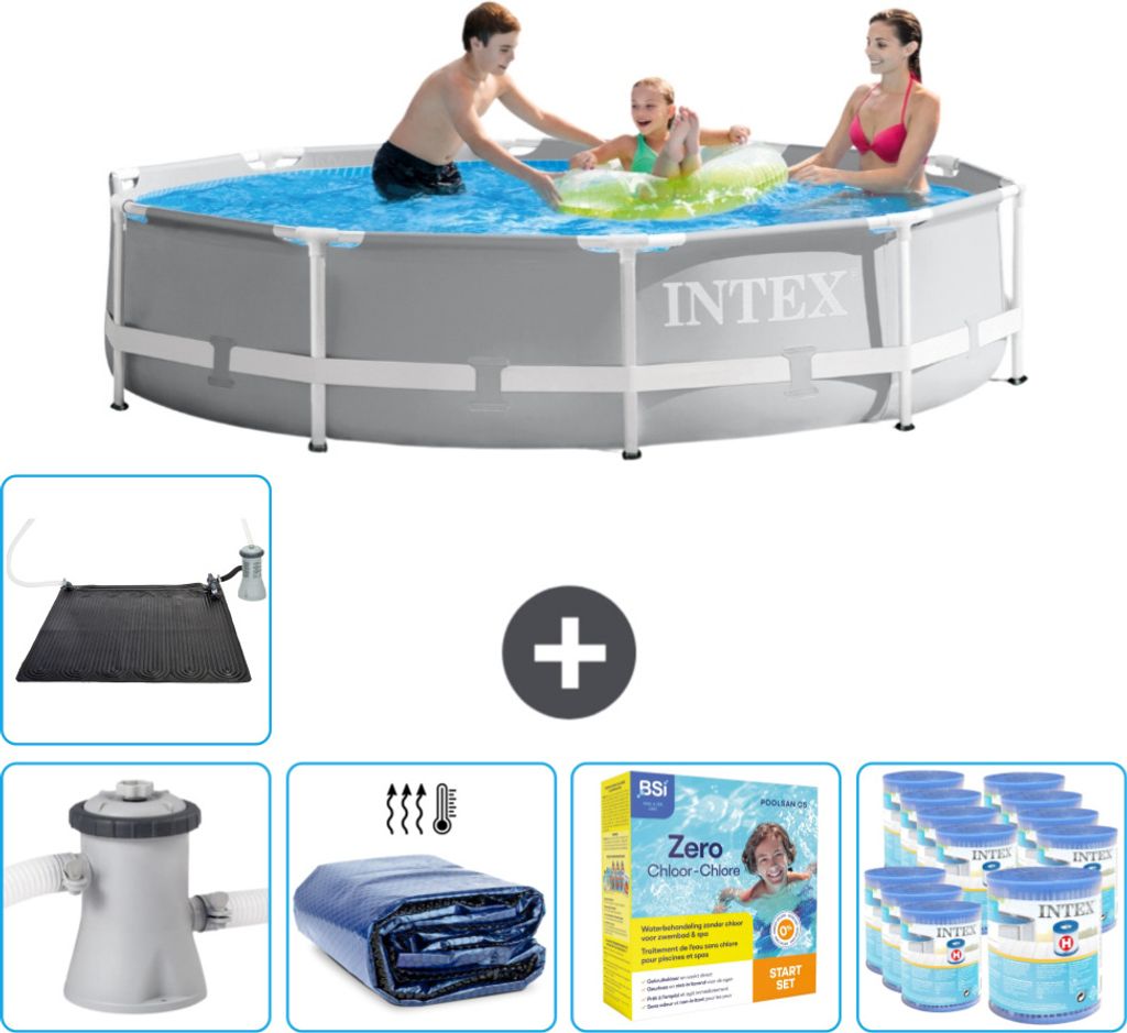 Intex Round Prism Frame Swimming Pool – 305 x 76 cm – Grau – inklusive Pumpe Sonnensegel - Wartungspaket - Filter - Solarmatte