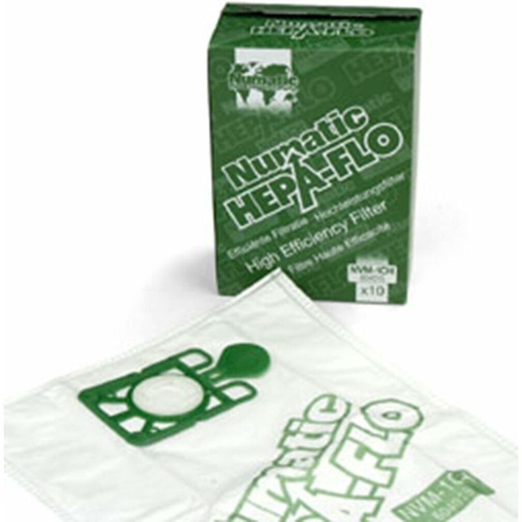 A box of Numatic HEPA-FLO high efficiency filters and a vacuum cleaner bag.