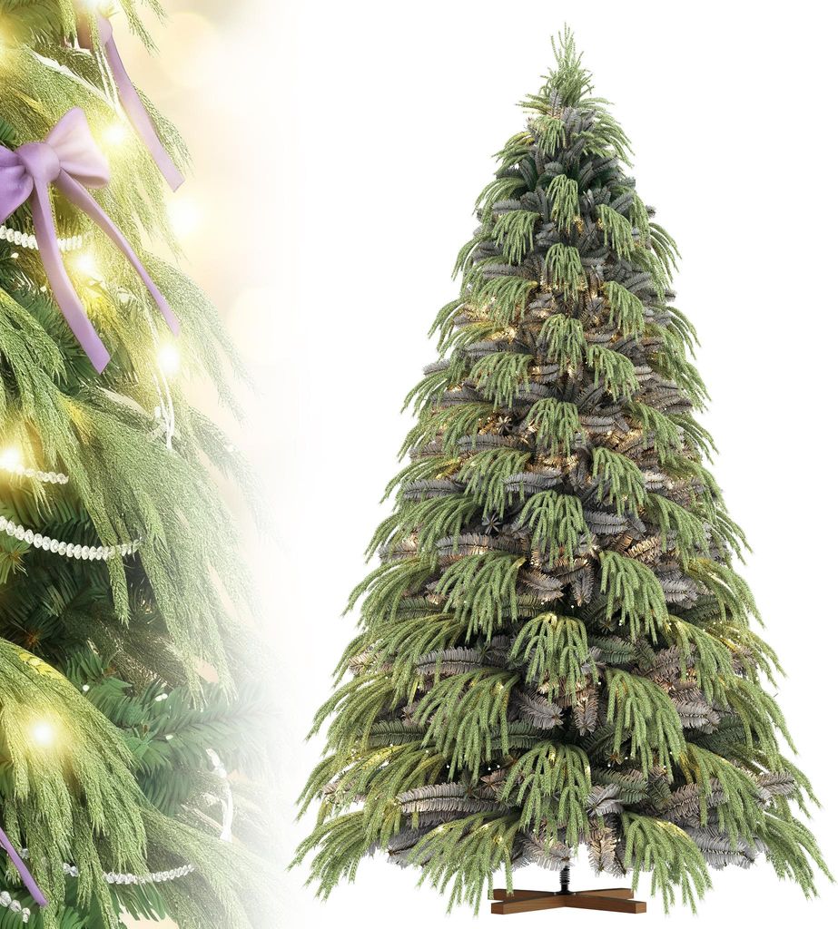 LZQ 5-in-1 Künstlicher Weihnachtsbaum 150cm PVC-PE Zweige, Mit Schneeeffekt, Mit Schleifen, Kristallkette, Handschuhe & Aufbewahrungstasche