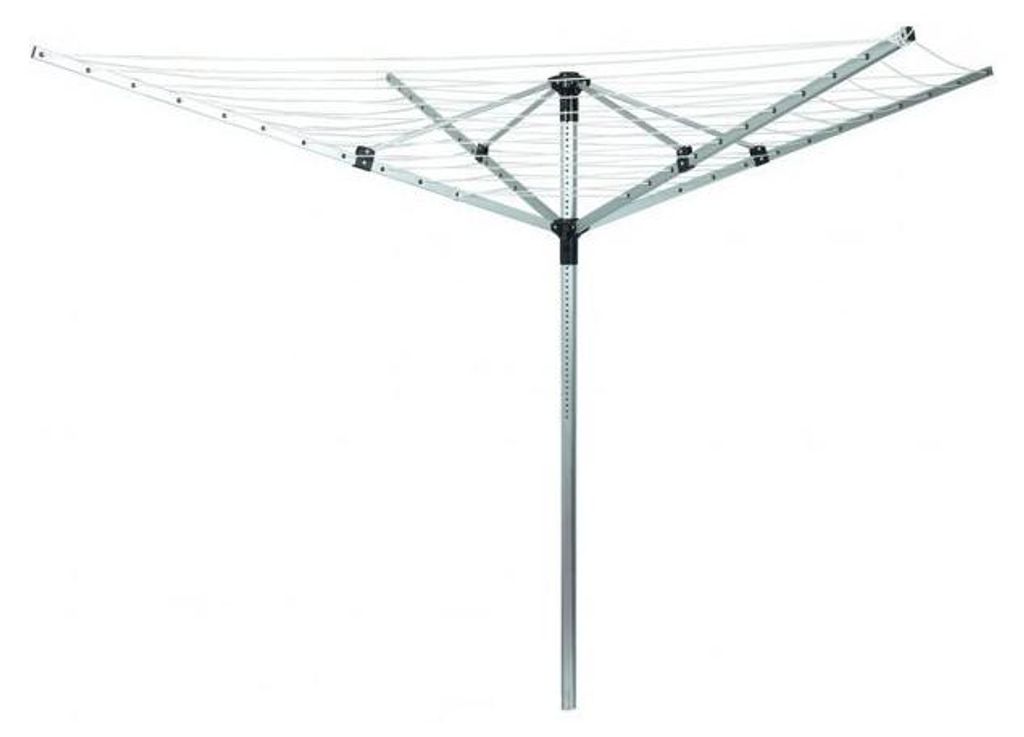 A silver rotary clothesline with black accents against a white background.