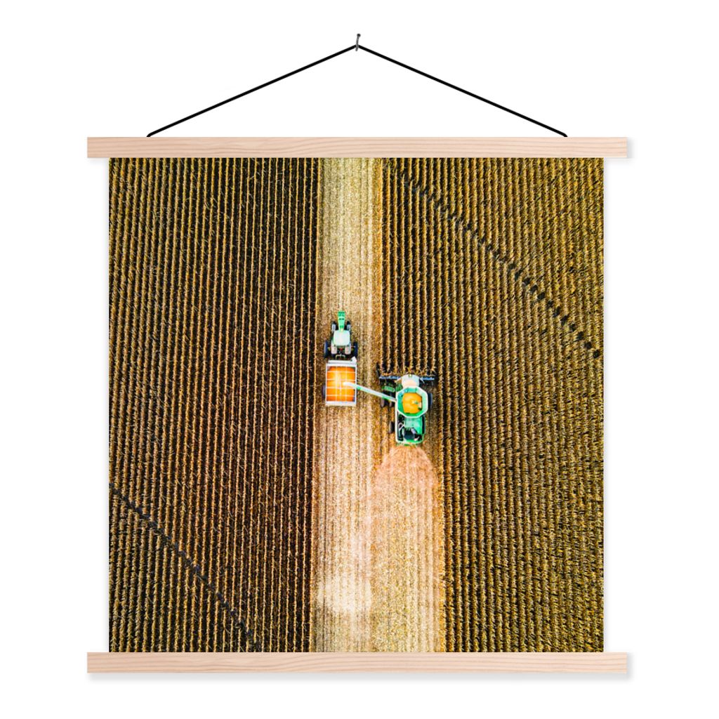 MuchoWow Textilposter Traktor - Feld - Land - Bauernhof - Ernte 40x40 cm mit holzfarbenen Rahmen - Posterleiste