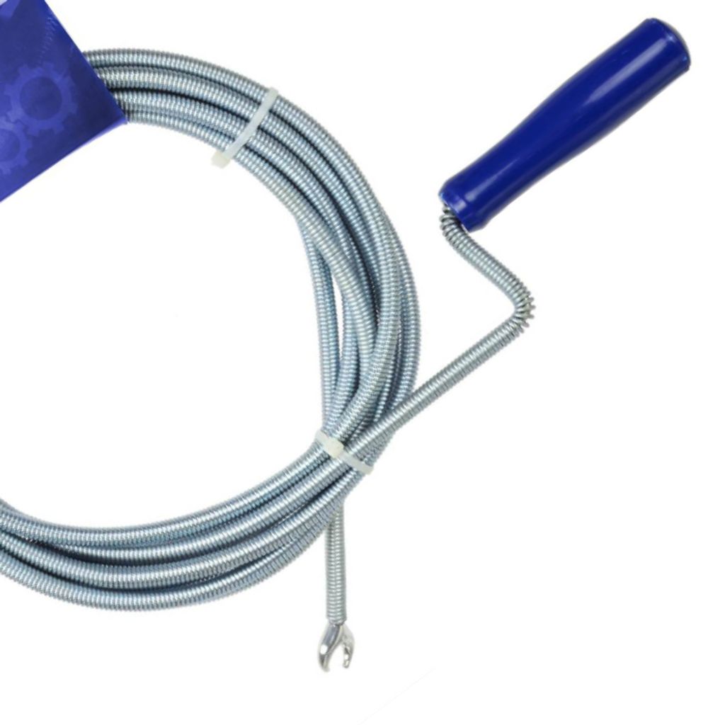 A coiled drain snake with a blue handle against a white background.