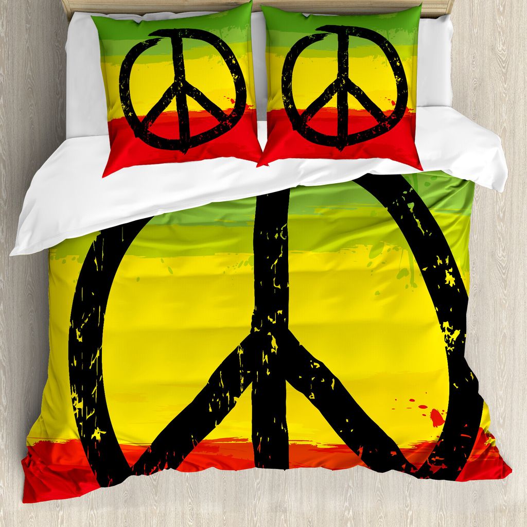 ABAKUHAUS Rasta Bettbezug, Grunge Hippie-Friedenszeichen, Milbensicher Allergiker geeignet mit Kissenbezügen, 200 cm x 200 cm - 80 x 80 cm, Gelb S...