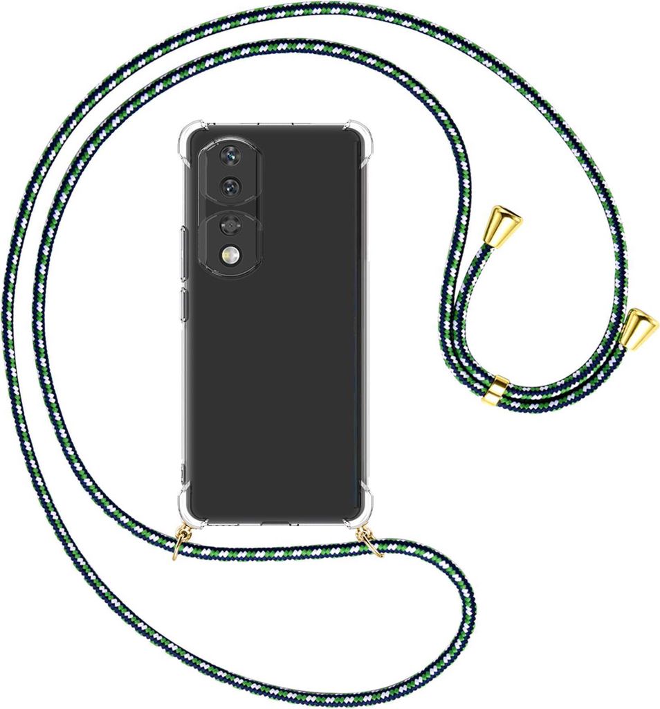 Handykette Backcover-Schutzhülle mit Band (Metall goldfarben) für Honor 90 Pro (REP-AN00, 6.78'') - grün/blau/weiß