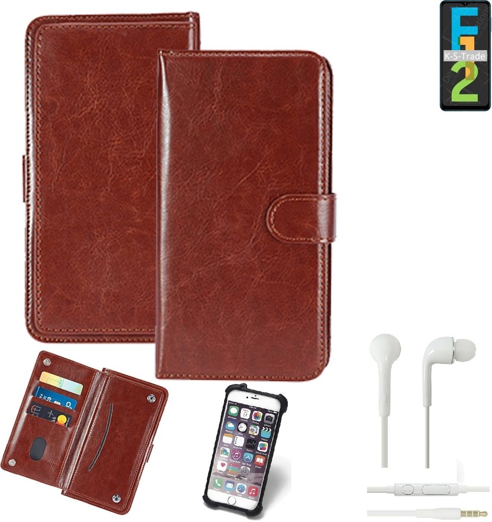 K-S-Trade 360° Hülle kompatibel mit Samsung Galaxy F12 inkl. Headphones braun Kunstleder Case BookCase WalletCase Kunstlederederhülle Handyhülle,