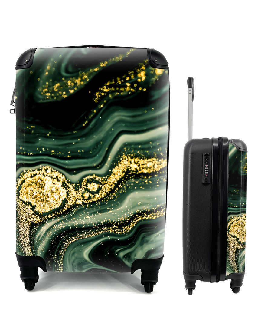 MuchoWow Koffer Handgepäck Trolley Rollkoffer Kleine Reisekoffer mit 4 Rollen - Marmor - Gold - Glitter - Grün - Marmoroptik - Luxus - Cabin Si...