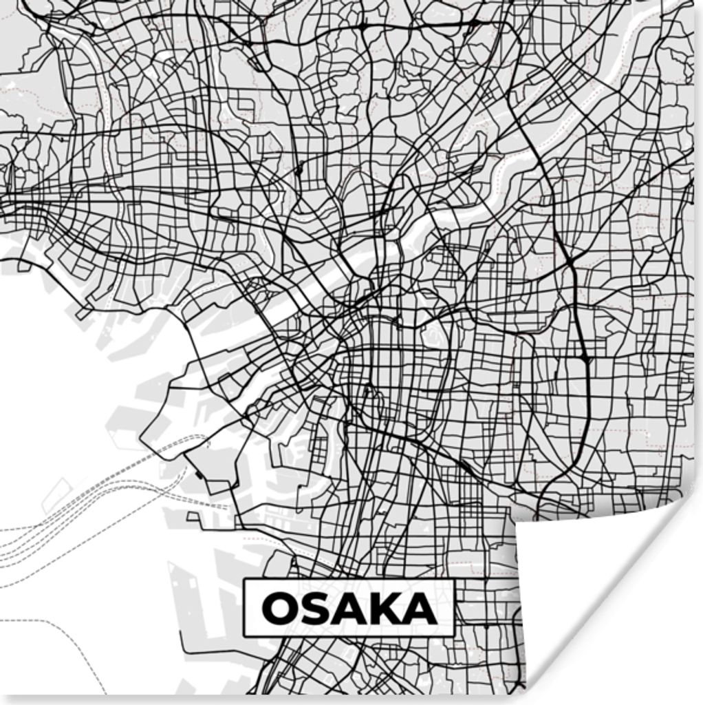 MuchoWow Poster Osaka - Stadtplan - Schwarz und weiß - Karte 50x50 cm - Wohnzimmerdekoration