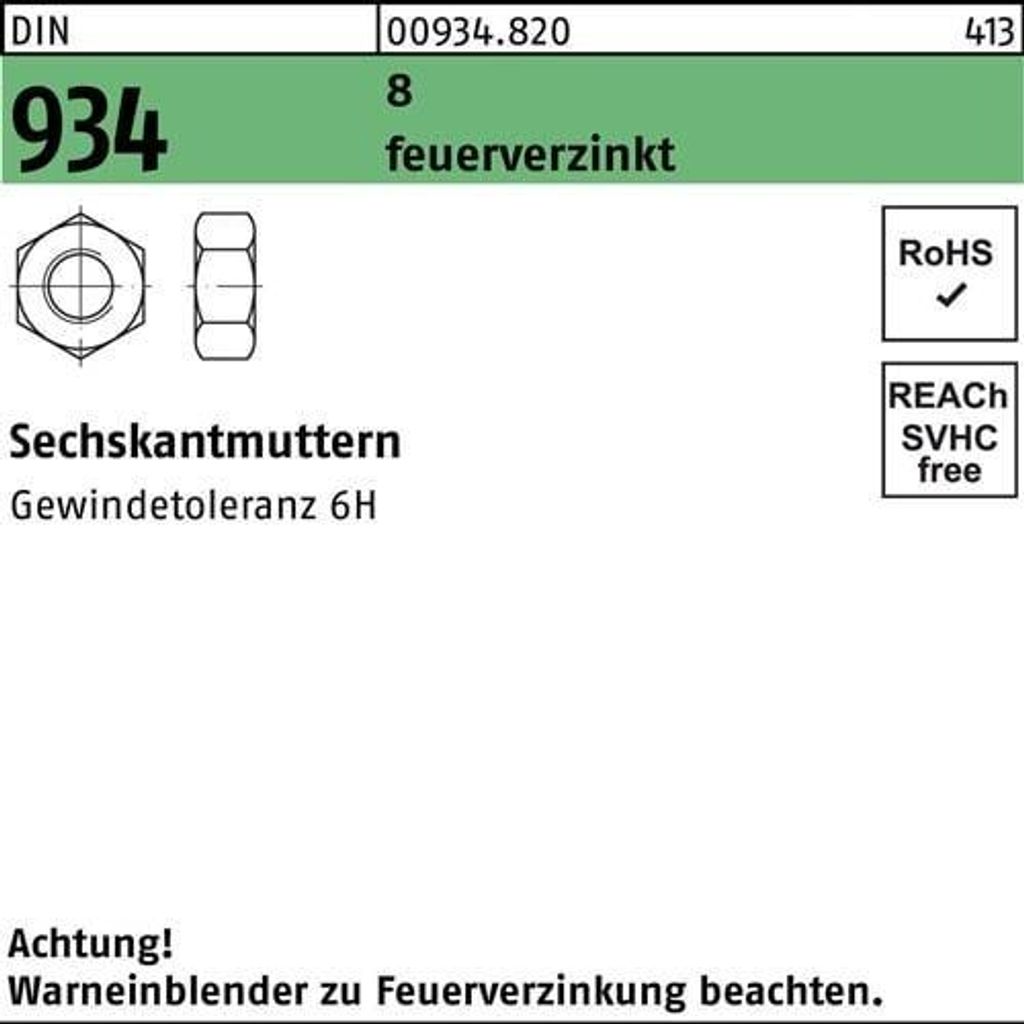 Reyher 934-8 6kt.Stahlmuttern M 24 feuerverzinkt (50 Stück)