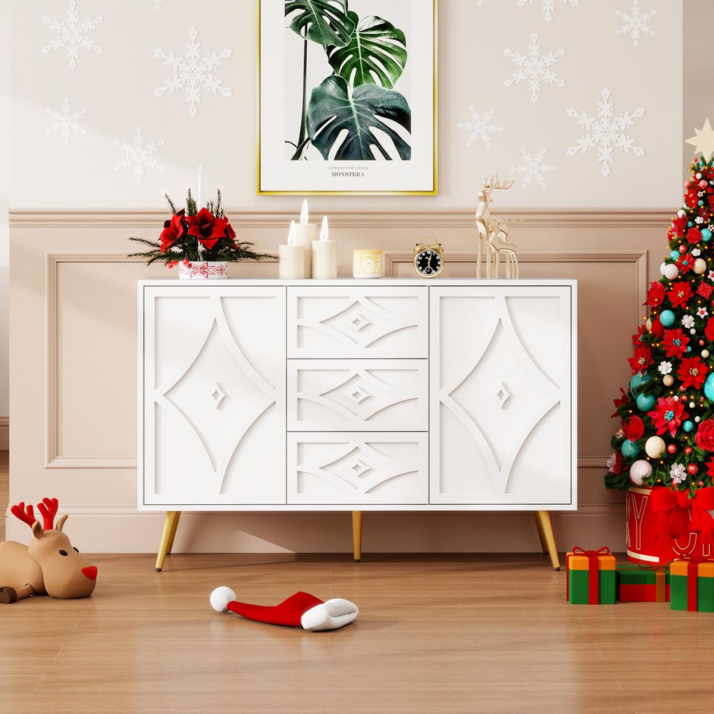 Elegante Kommode mit Rautenmuster – Weißes Sideboard mit 3 Schubladen & 2 Türen, Goldfüße, 120×40×80 cm, Modernes Design für Wohnzimmer, Flur
