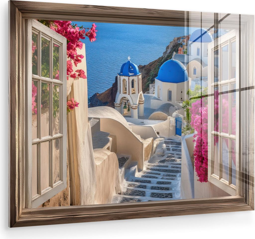MuchoWow Glasbilder - Bilder auf Wandbild - Foto auf Glas Durchsichtig - Santorini - Landschaft - Blau - Griechisch 40x30 cm Wanddekoration aus Gla...