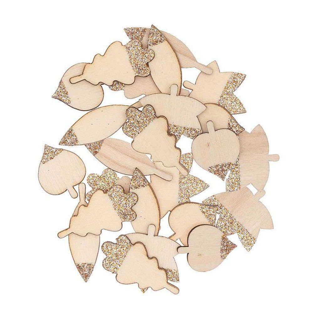 48 Holzsilhouetten mit glitzernden Blättern