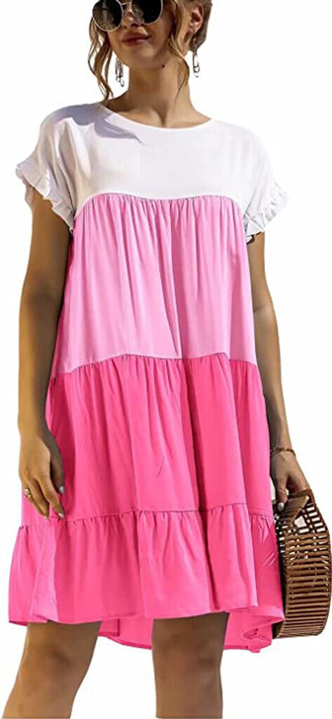 ASKSA Damen Kurzarm Kleid Colorblock Rüschen Rundhals Freizeitkleid Lässige Midikleider Sommer Loose Swing Kleider, Rosa, M