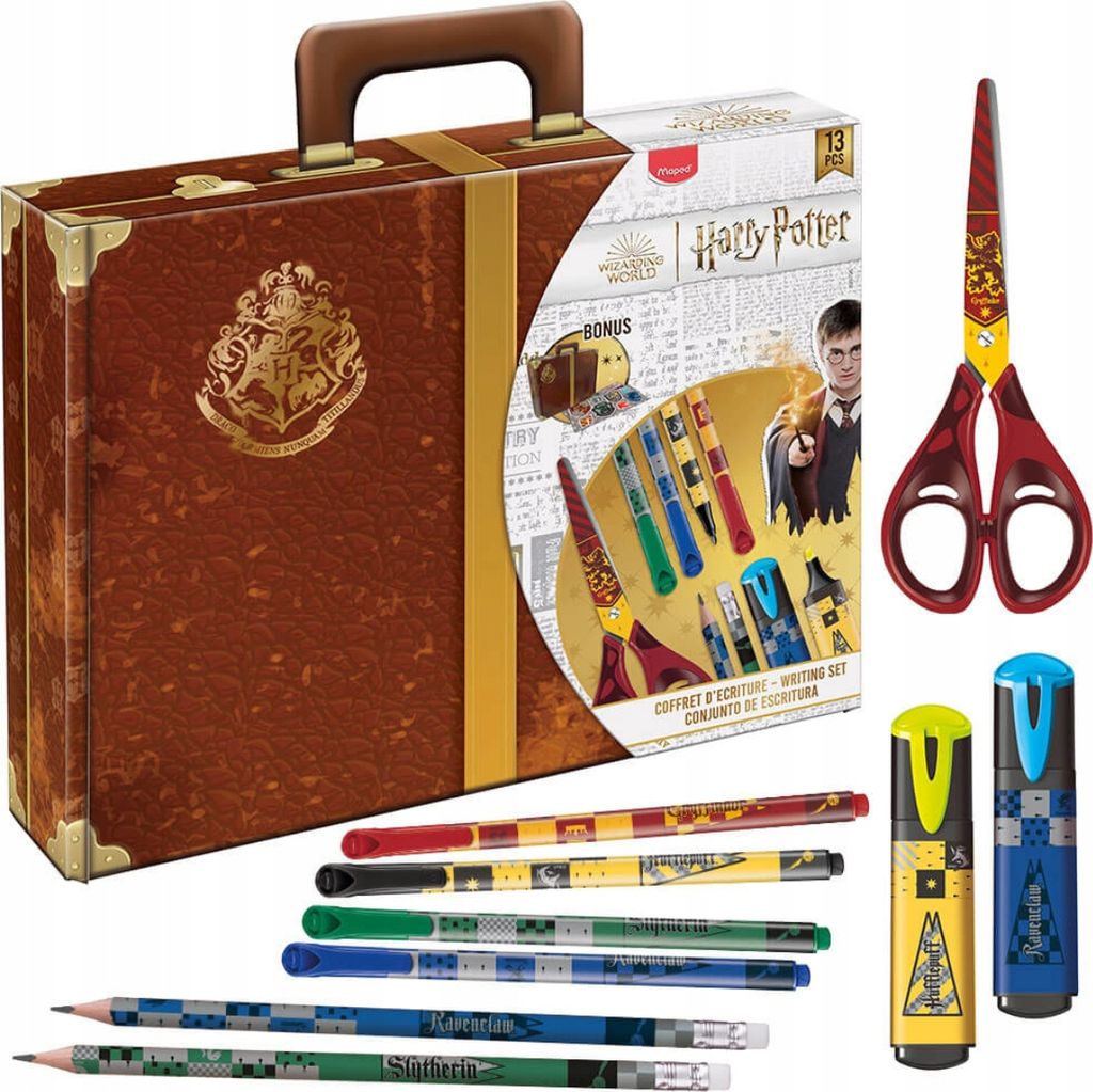 A Harry Potter themed stationery set displayed in a suitcase-like box, with individual items laid out.