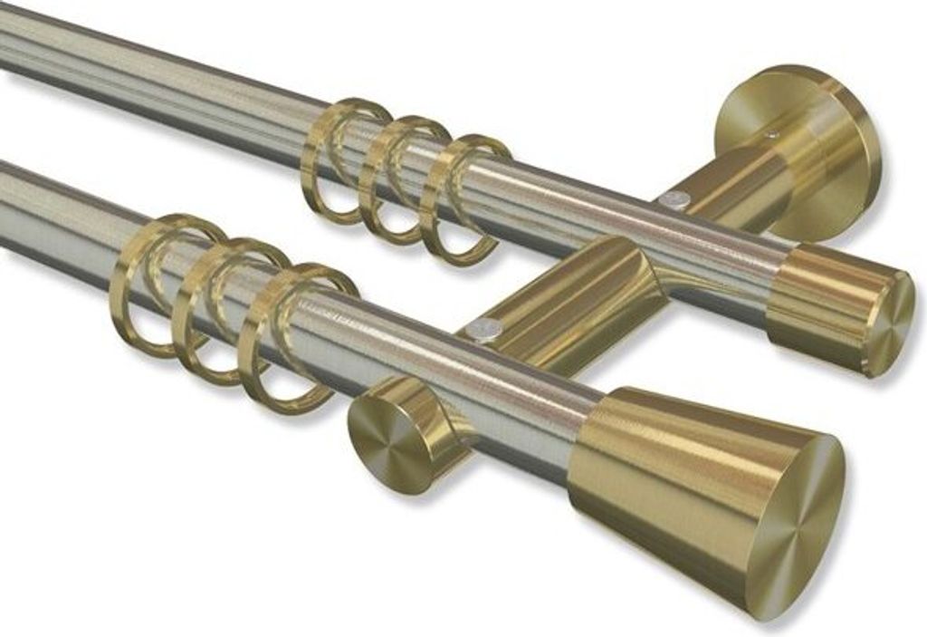 Interdeco Gardinenstange, Vorhangstange Edelstahl-Optik / Messing-Optik Modell Platon Sitra, 20 mm Ø 2-läufig, 540 cm (geteilt)