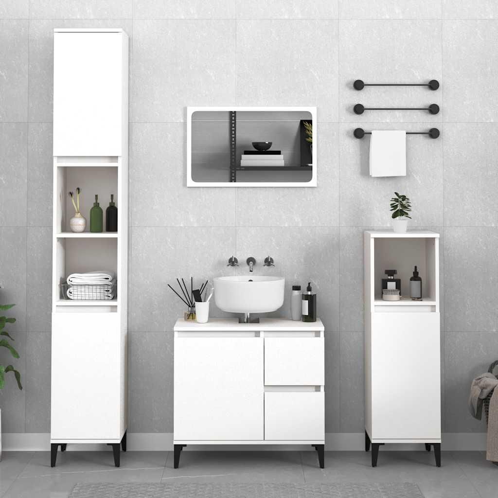 A clean and modern bathroom vanity set with storage cabinets and a sink.