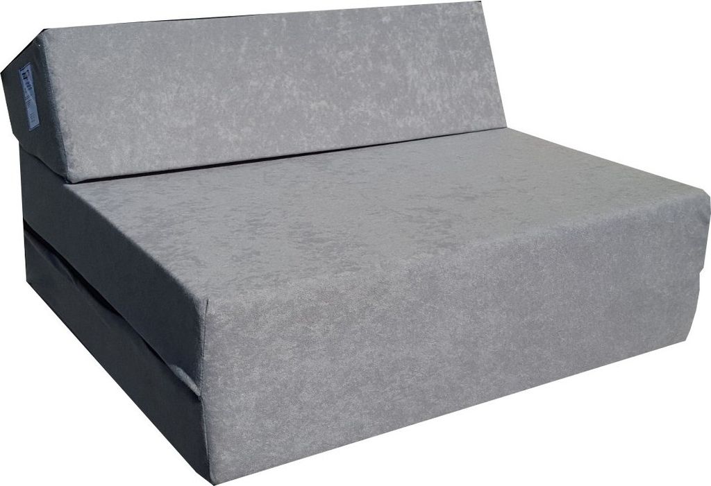 A gray foldable futon mattress on a white background.