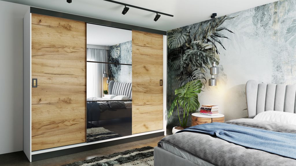 RETRO-5 Schiebetürenschrank 200x205, Kleiderschrank, 3-türig, mit Spiegel - Weiß + Goldene Eiche + Schwarz + Schwarz (Türgriffe)