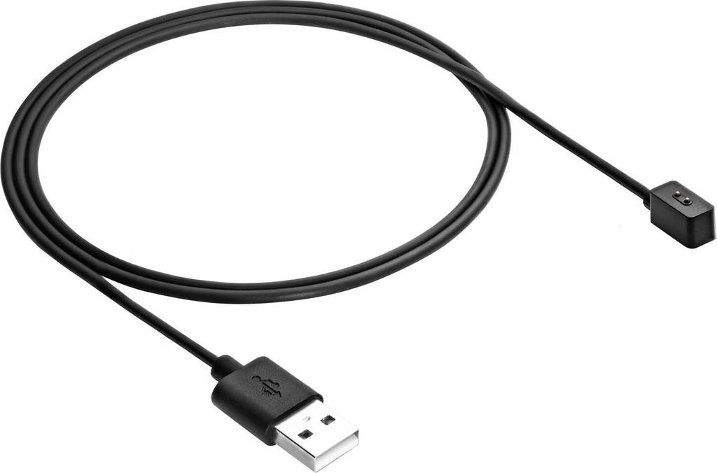 A black USB charging cable with a standard USB-A connector on one end and a proprietary magnetic connector on the other.