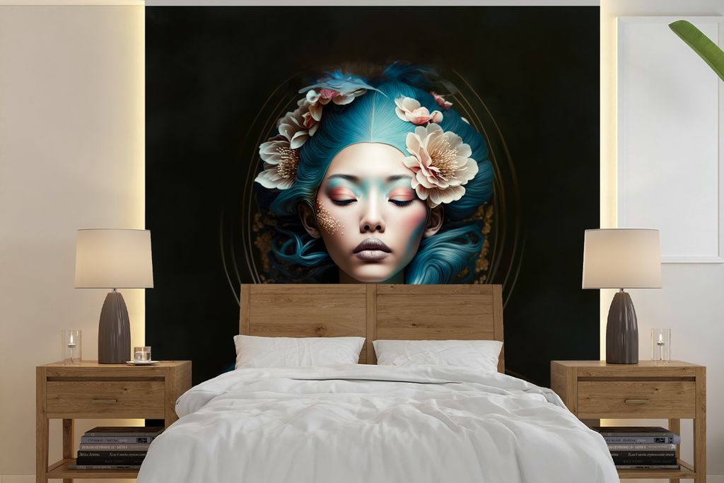 MuchoWow Fototapete für Wohnzimmer oder Schlafzimmer Wandtapete Vinyl Motivtapete Frauen - Blumen - Porträt - Asiatisch - 300x300 cm - Wanddeko...
