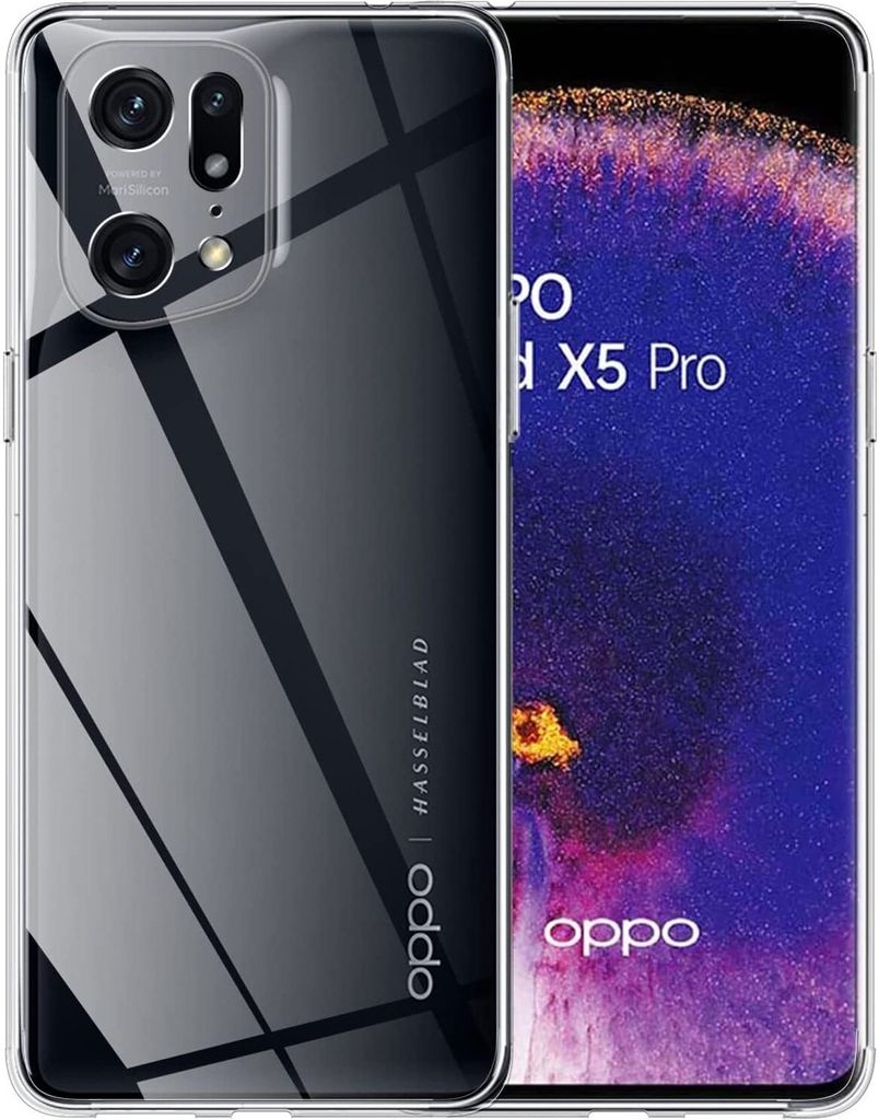 A clear phone case is shown on the left, with a phone screen displaying marketing text on the right.