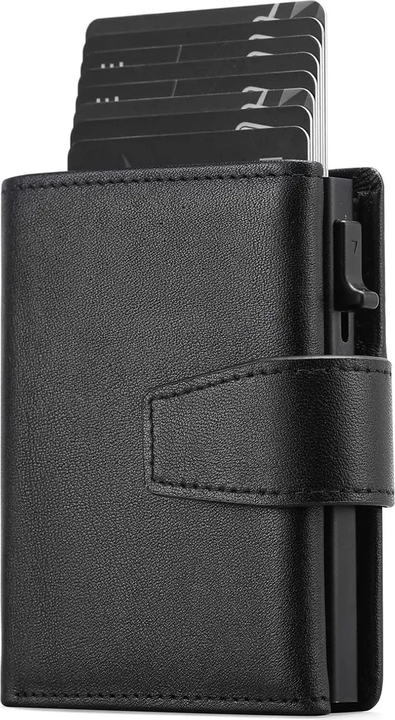 Portafoglio Pop-up Da Uomo Piccolo Con Protezione RFID, Sottile E Compatto, Con Scomparto Monete E 9 Tasche Per Carte, Nero Litchi - 2