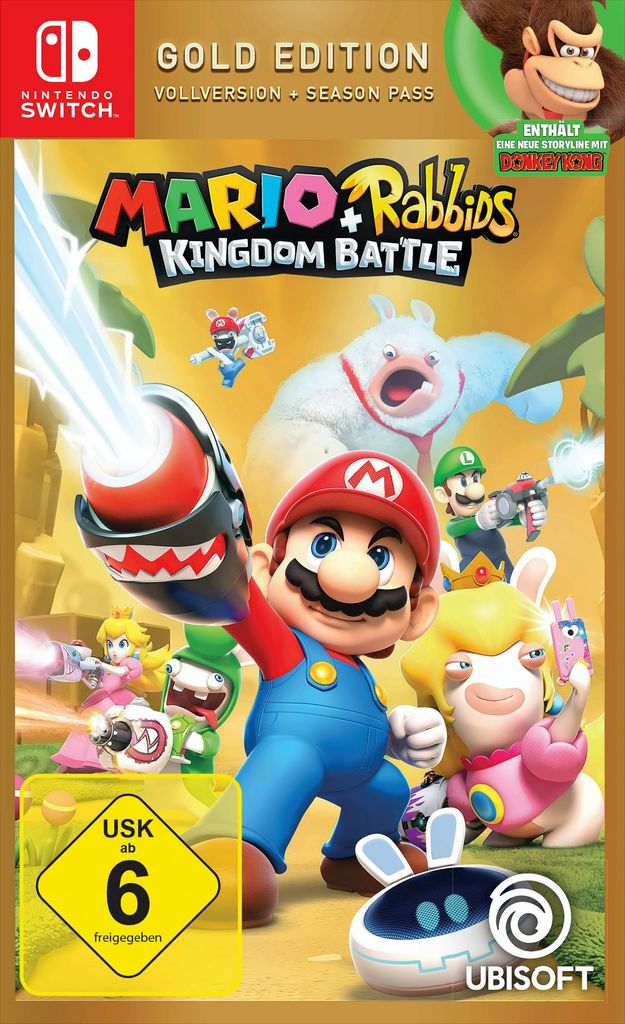 The cover art for the Mario & Rabbids Kingdom Battle Gold Edition video game for Nintendo Switch.