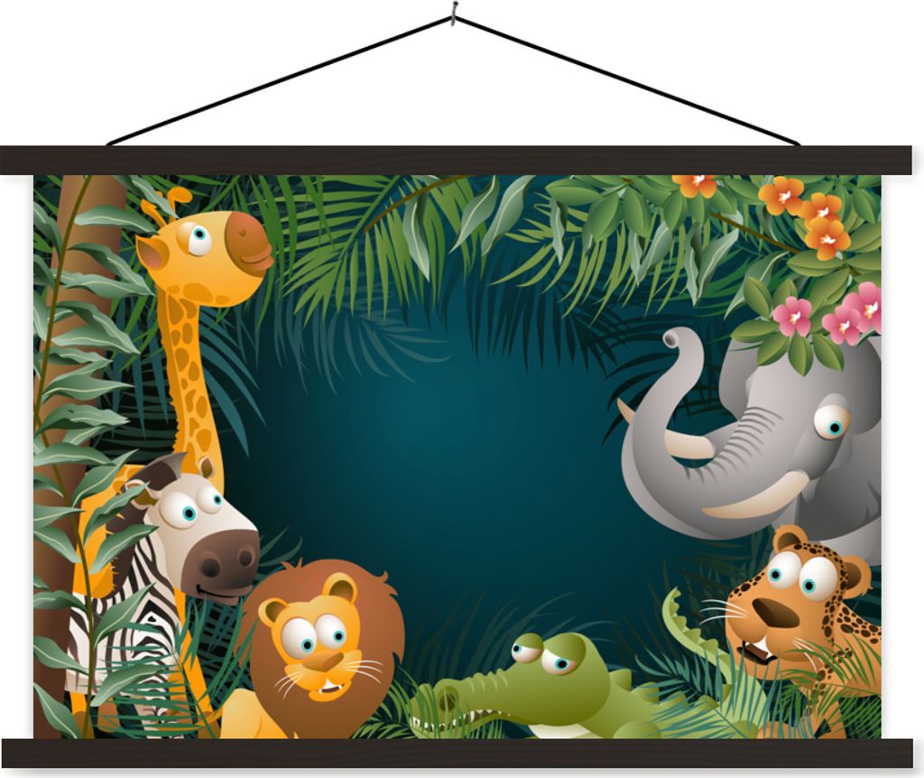 MuchoWow Textilposter Farben - Dschungeltiere - Blätter - Mädchen - Jungen - Kinder 90x60 cm mit schwarzem Rahmen - Aufhängungssatz