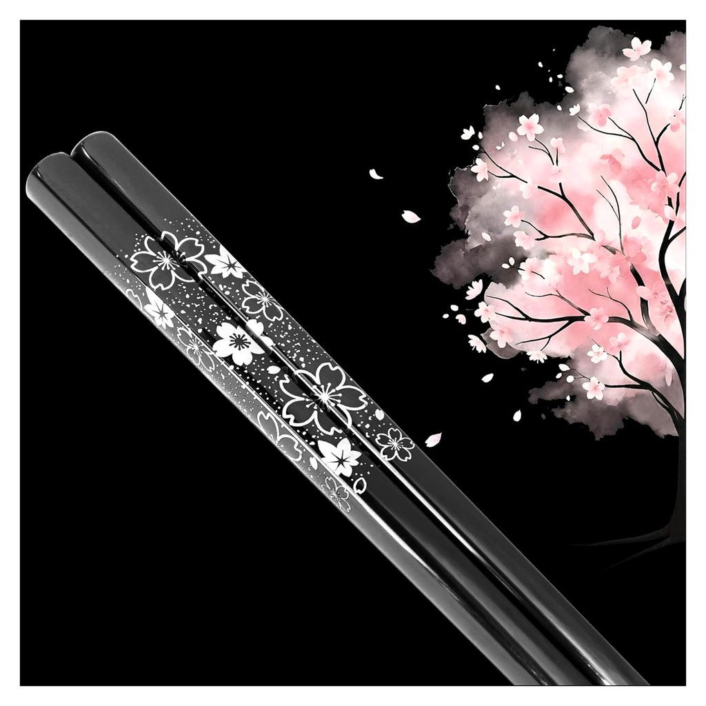 5-Paar Stäbchen-Set in Schwarz, 18/8 Edelstahl, Geschenkbox, Japanisches Sakura-Design für Sushi, Asiatische Küche & Wohnkultur