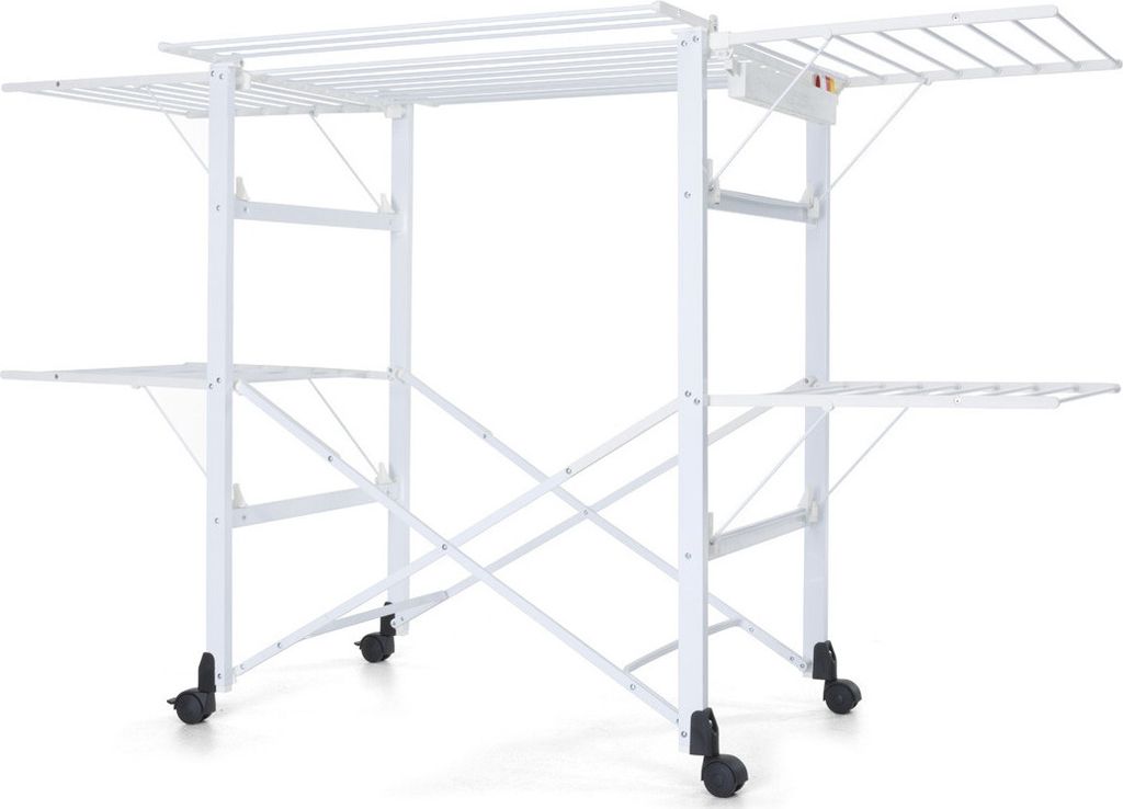 A white drying rack with multiple shelves and wheels, shown against a white background.