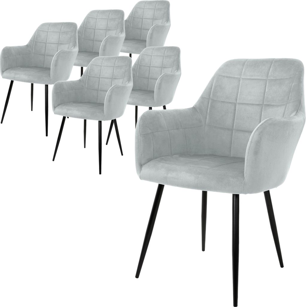 A set of six gray dining chairs with armrests and metal legs are arranged on a white background. One chair is in the foreground, angled towards the viewer, while the other five are in the background, arranged in a cluster.