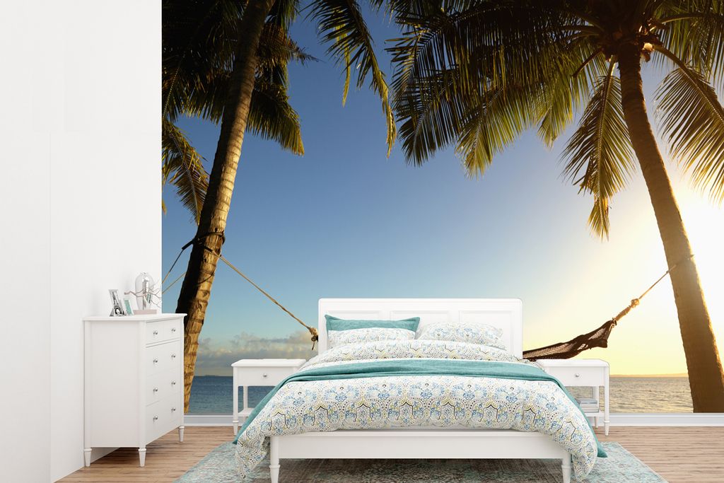 MuchoWow Fototapete für Wohnzimmer oder Schlafzimmer Wandtapete Vinyl Motivtapete Palmen - Hängematte - Himmel - 330x240 cm - Vinyltapete