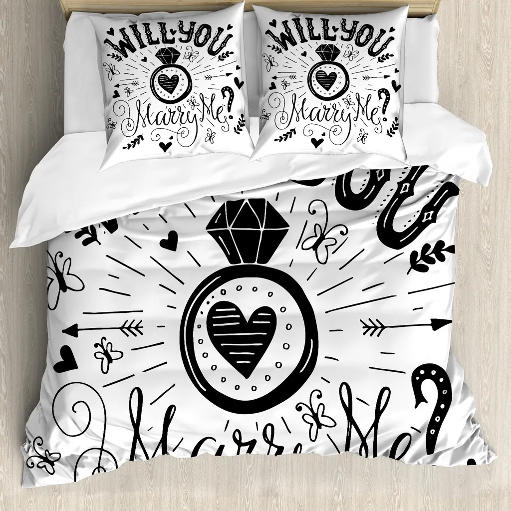 ABAKUHAUS Festeggiamenti di fidanzamento Copripiumino, Matrimonio con cuori, Antiacaro Adatto a chi soffre di allergie Con federe, 155 cm x 220 cm - 80 x 80 cm, Bianco e nero