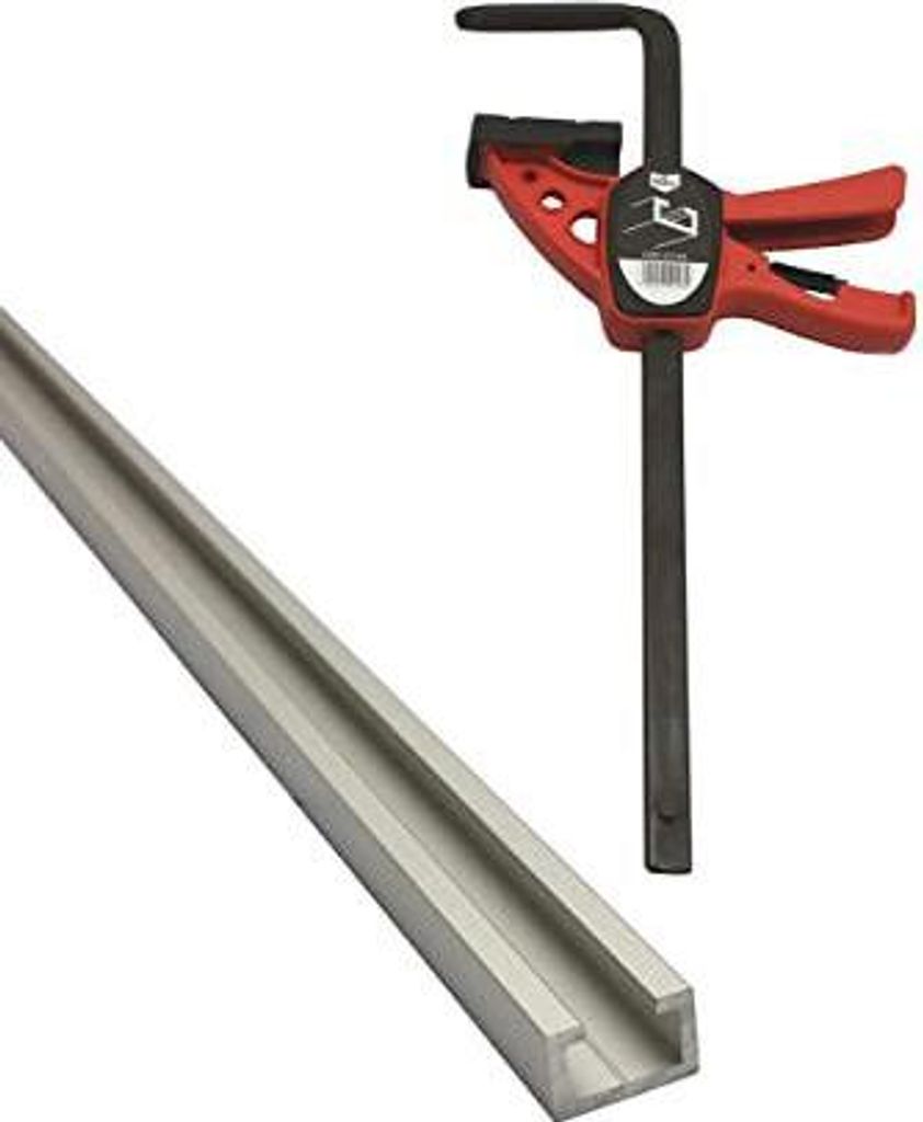 A clamp and a metal track are shown against a white background.