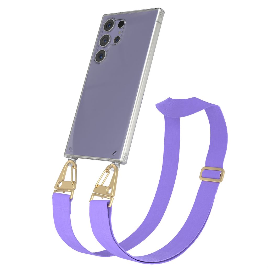 EAZY CASE - Hülle mit Band für Samsung Galaxy S24 Ultra, Handyhülle mit Umhängeband, Silikonhülle transparent, Handykette in Violett