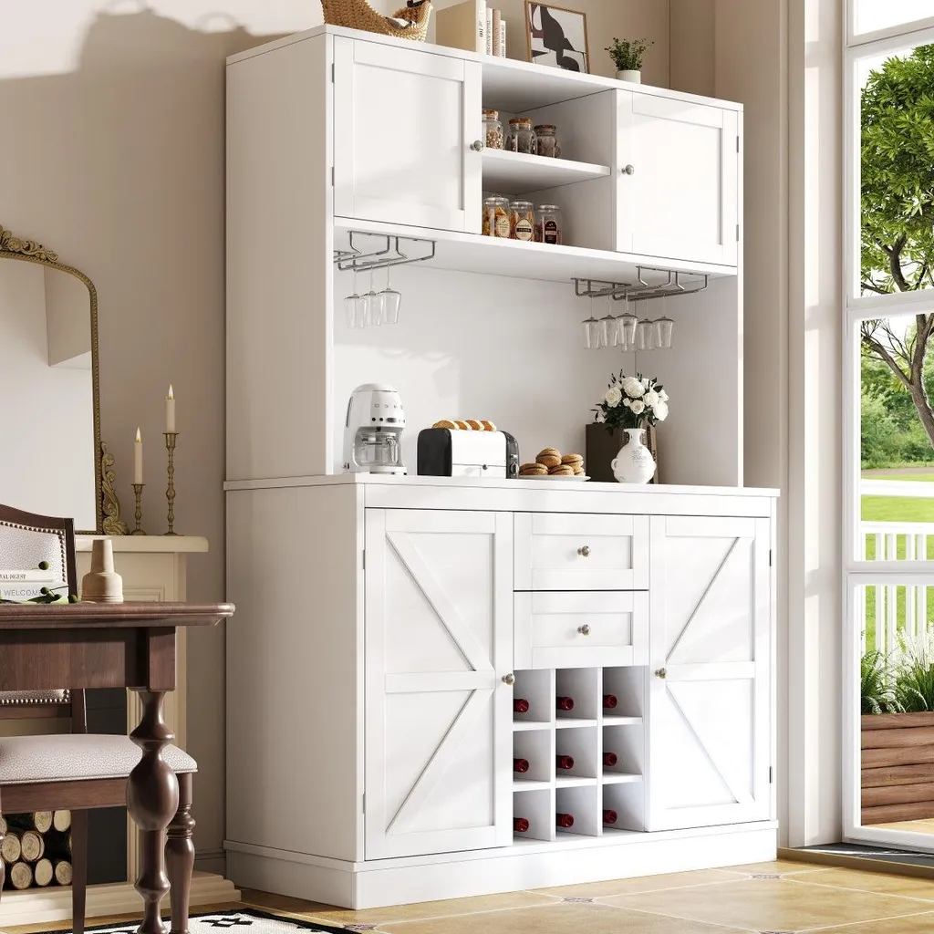Meuble de rangement cuisine 120 cm blanc, buffet haut style cottage