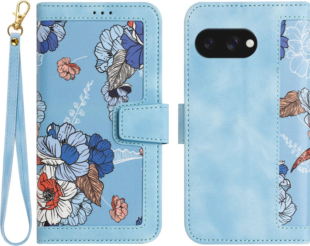Für Google Pixel 9a Kunstleder Wallet Handy Tasche Blumen Design Hülle Etuis Hellblau