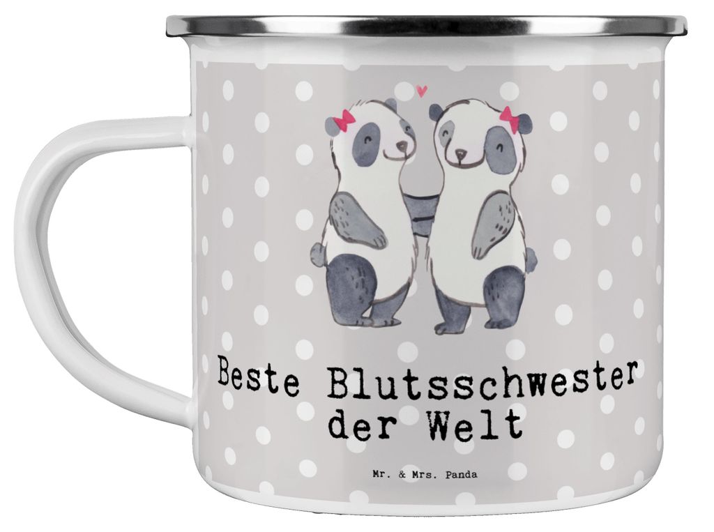 Mr. & Mrs. Panda Emaille Tasse Panda Beste Blutsschwester der Welt - Grau Pastell - Geschenk, Liebe, Blutsgeschwister, Schwester, Pott, Teetasse, K...