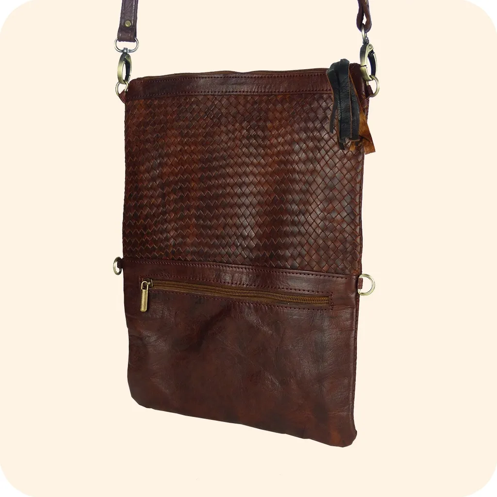 Borsa in Pelle Dafira 33x26cm Marrone Scuro - Tracolla Intrecciata