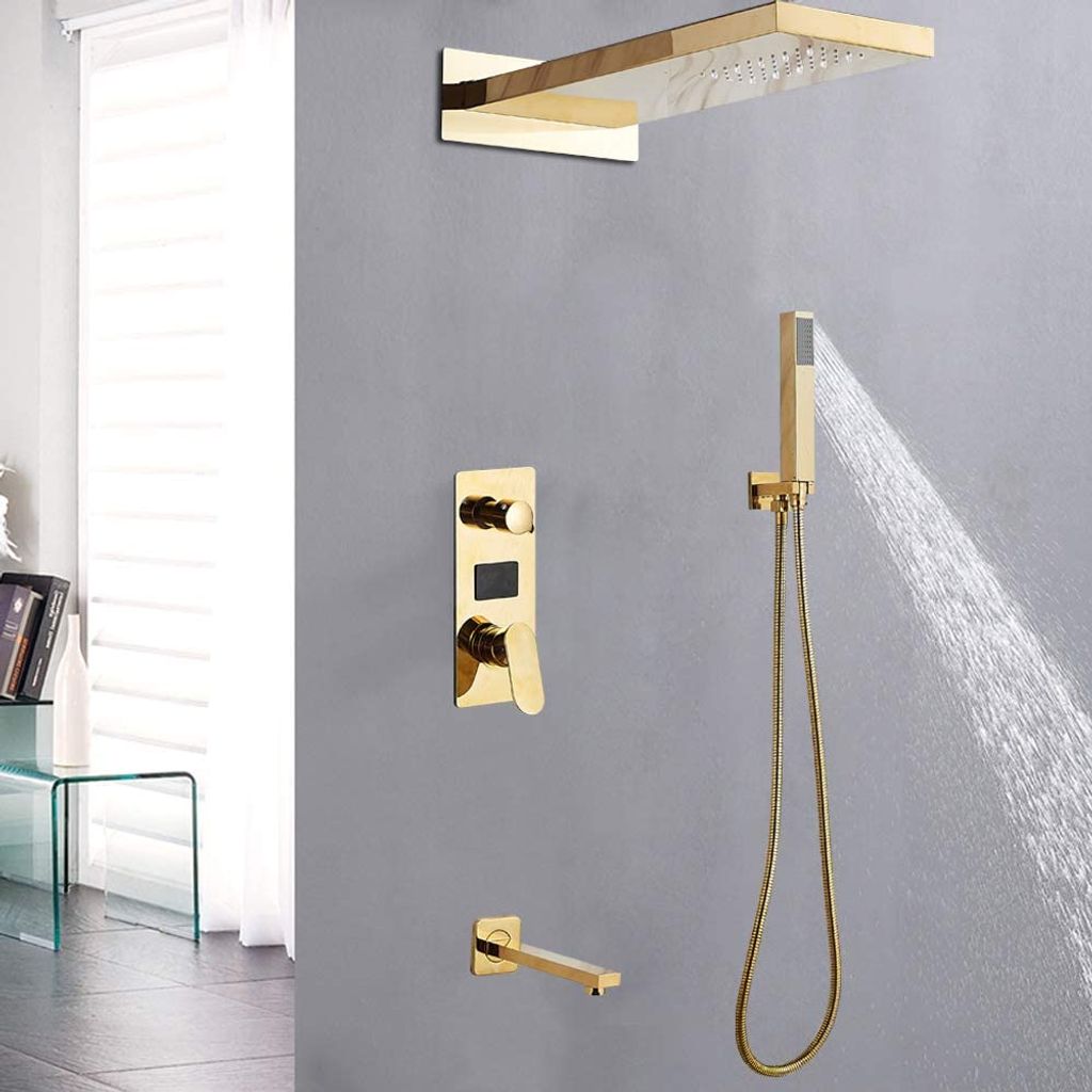 Unterputz Duschsystem Mit Handbrause & LED-Thermostat – Regendusche, Wasserfall, Silber, 50x22x3 Cm, Aus Edelstahl & Messing