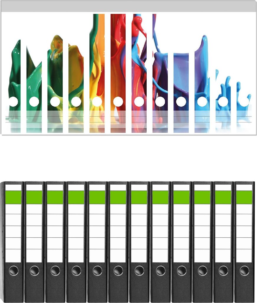 Wallario 12 Stück schmale Ordner inkl. Klebeetiketten mit Motive Farbklecks von links - Bunte Farben auf Abwegen - Set mit Rückenschildern / Ord...