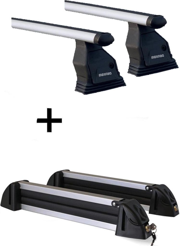 VDP Dachträger Menabo Tema + Skiträger/Snowboardträger/Skihalter Alu 4 Paar Ski kompatibel mit für VW für VW T5 Caravelle ab 2009